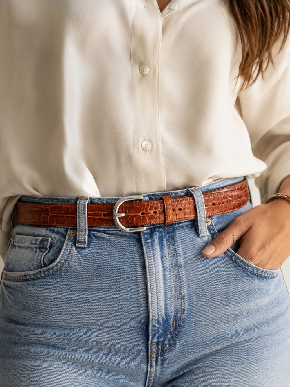 Vintage Ellen Tracy 100% Leather Belt Croc Embossed Cognac Brown Silver M